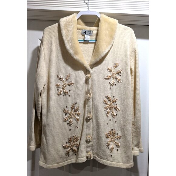 J Two New York Sweaters - VTG J Two New York Womens Cardigan XXL Cream Faux Fur Collar Sequins Snowflakes